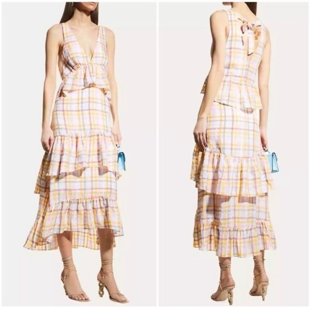 NWT Cinq a Sept Astor tiered midi dress - white sheer multi plaid